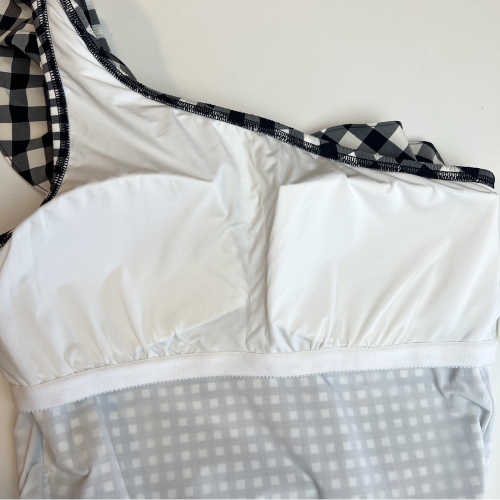 ✖️SOLD✖️•J.CREW•Black White Mixed Gingham One Shoulder Ruffle One Piece Swim - Picture 10 of 12